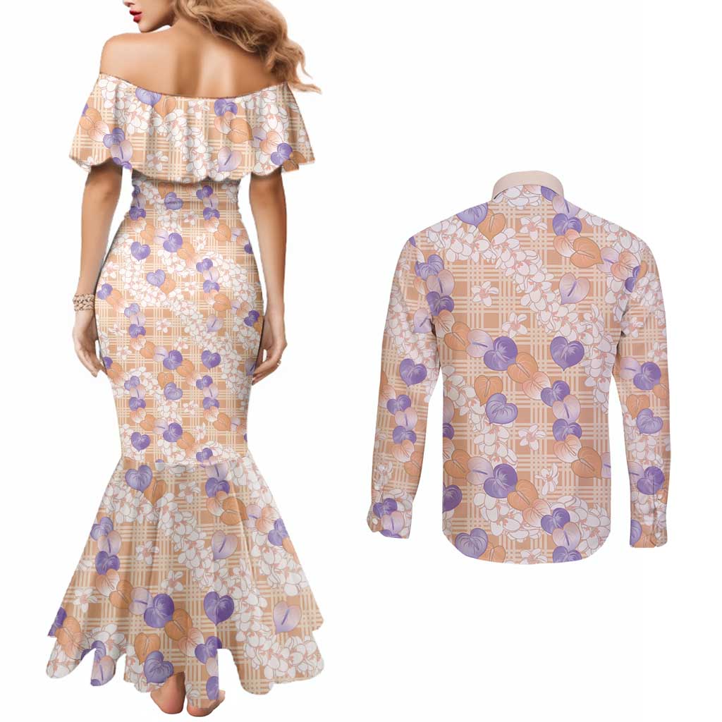 Anthurium Plumeria Lei Pastel Couples Matching Mermaid Dress and Long Sleeve Button Shirt Orange Hawaiian Splendid Palaka LT01 - Polynesian Pride