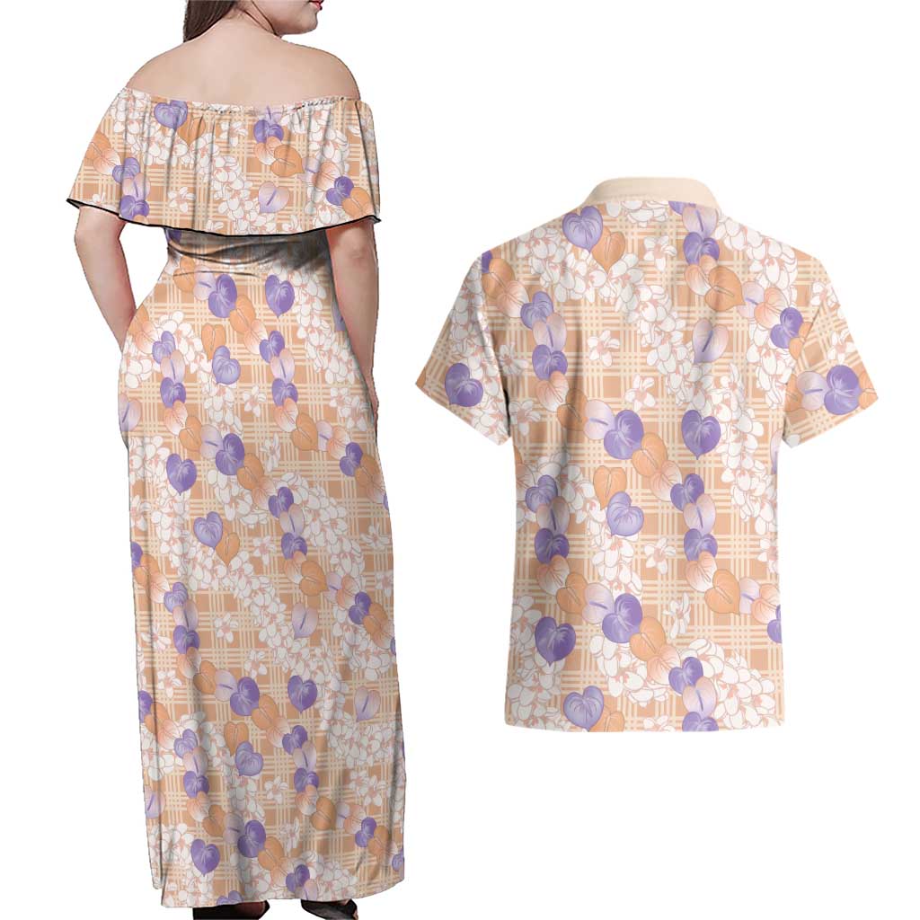 Anthurium Plumeria Lei Pastel Couples Matching Off Shoulder Maxi Dress and Hawaiian Shirt Orange Hawaiian Splendid Palaka LT01 - Polynesian Pride