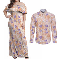 Anthurium Plumeria Lei Pastel Couples Matching Off Shoulder Maxi Dress and Long Sleeve Button Shirt Orange Hawaiian Splendid Palaka LT01 Orange - Polynesian Pride