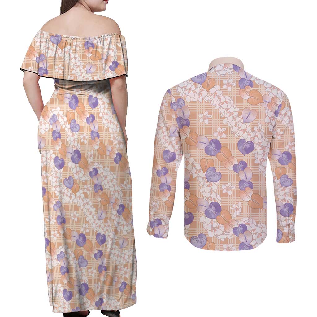 Anthurium Plumeria Lei Pastel Couples Matching Off Shoulder Maxi Dress and Long Sleeve Button Shirt Orange Hawaiian Splendid Palaka LT01 - Polynesian Pride