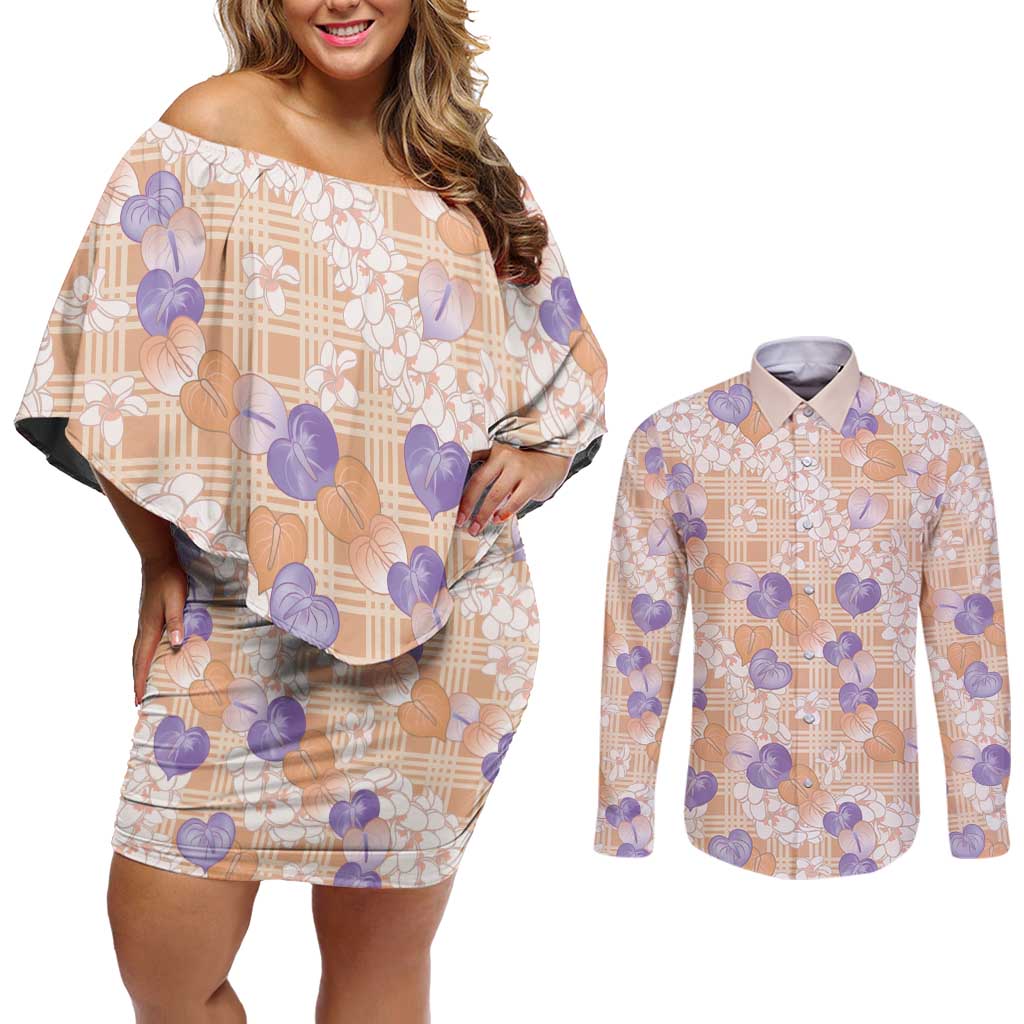 Anthurium Plumeria Lei Pastel Couples Matching Off Shoulder Short Dress and Long Sleeve Button Shirt Orange Hawaiian Splendid Palaka LT01 Orange - Polynesian Pride