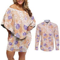 Anthurium Plumeria Lei Pastel Couples Matching Off Shoulder Short Dress and Long Sleeve Button Shirt Orange Hawaiian Splendid Palaka LT01 Orange - Polynesian Pride
