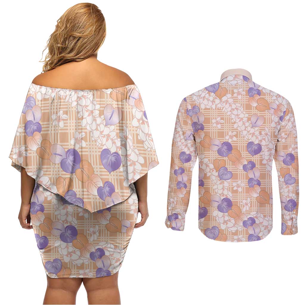 Anthurium Plumeria Lei Pastel Couples Matching Off Shoulder Short Dress and Long Sleeve Button Shirt Orange Hawaiian Splendid Palaka LT01 - Polynesian Pride