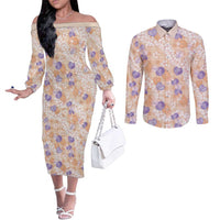 Anthurium Plumeria Lei Pastel Couples Matching Off The Shoulder Long Sleeve Dress and Long Sleeve Button Shirt Orange Hawaiian Splendid Palaka LT01 Orange - Polynesian Pride