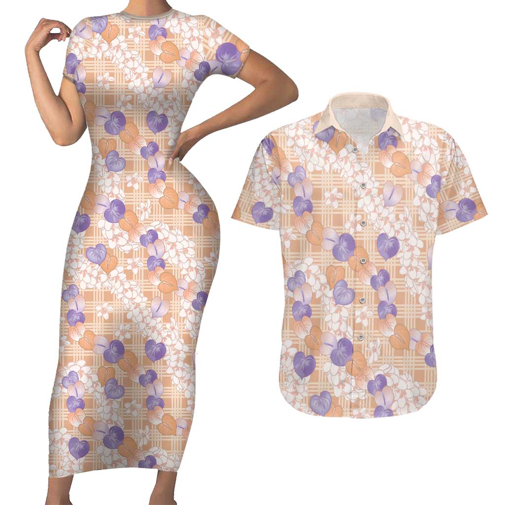 Anthurium Plumeria Lei Pastel Couples Matching Short Sleeve Bodycon Dress and Hawaiian Shirt Orange Hawaiian Splendid Palaka LT01 Orange - Polynesian Pride