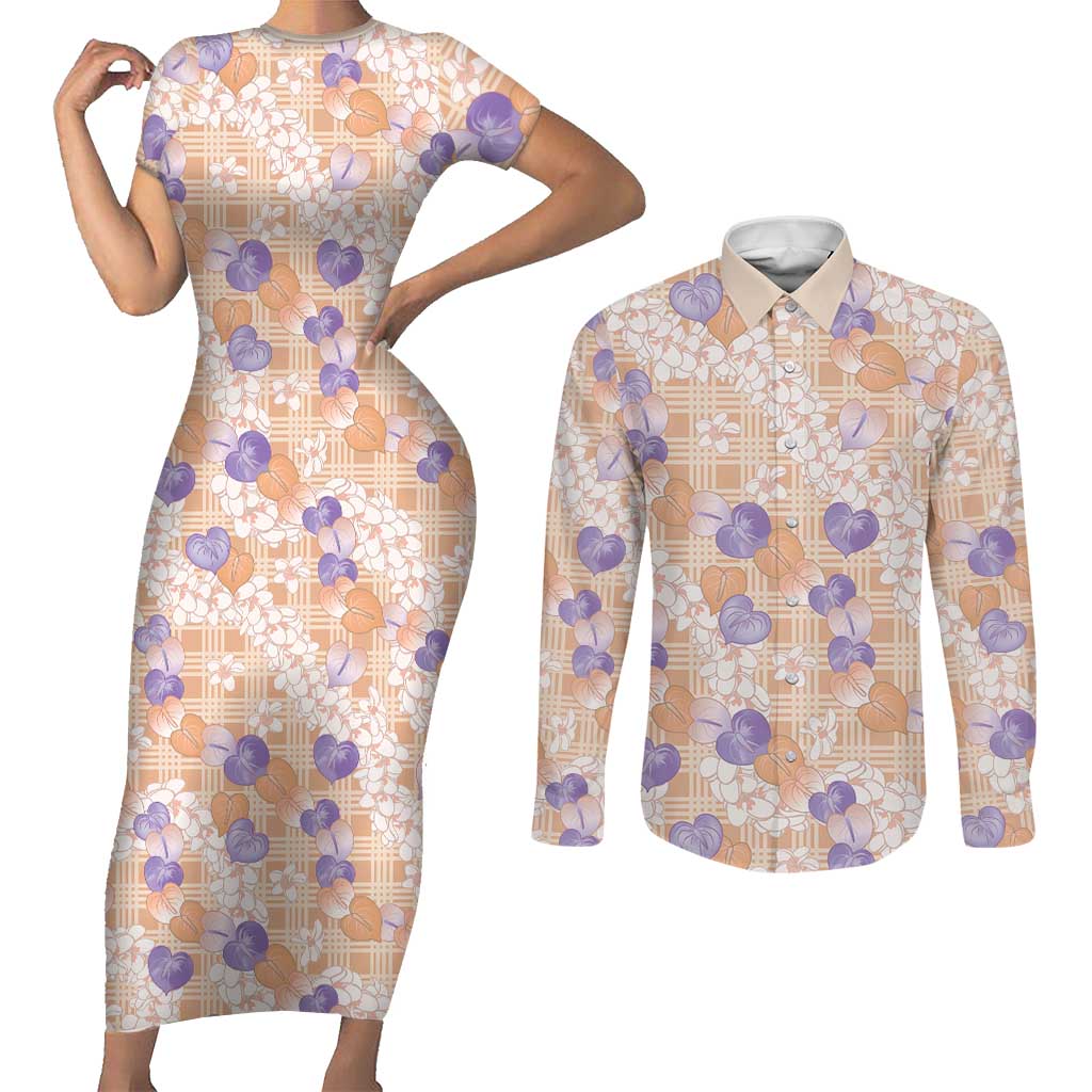 Anthurium Plumeria Lei Pastel Couples Matching Short Sleeve Bodycon Dress and Long Sleeve Button Shirt Orange Hawaiian Splendid Palaka LT01 Orange - Polynesian Pride