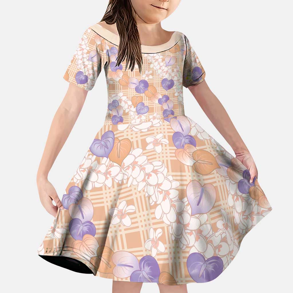 Anthurium Plumeria Lei Pastel Family Matching Off Shoulder Short Dress and Hawaiian Shirt Orange Hawaiian Splendid Palaka LT01 Daughter's Dress Orange - Polynesian Pride