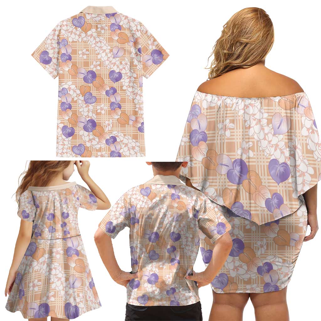 Anthurium Plumeria Lei Pastel Family Matching Off Shoulder Short Dress and Hawaiian Shirt Orange Hawaiian Splendid Palaka LT01 - Polynesian Pride