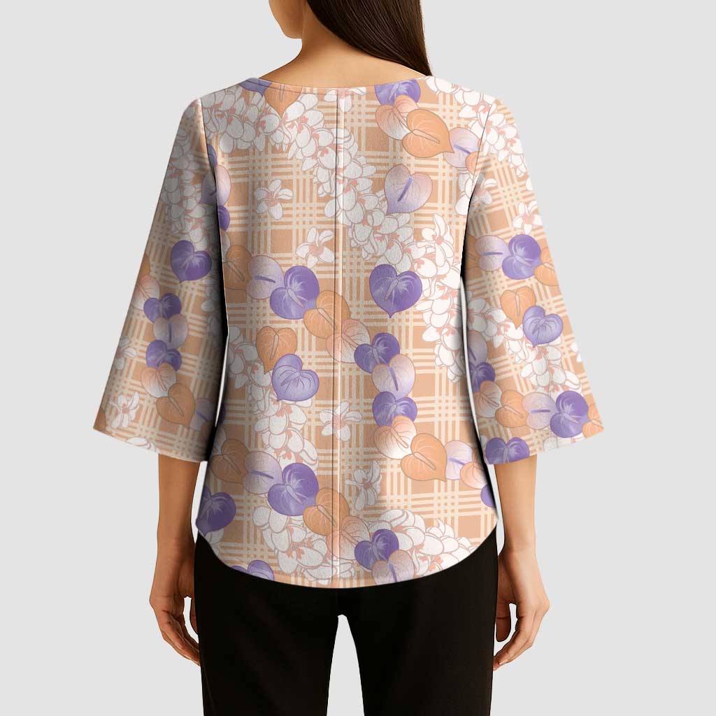 Anthurium Plumeria Lei Pastel Kimono Sleeve Blouse Orange Hawaiian Splendid Palaka
