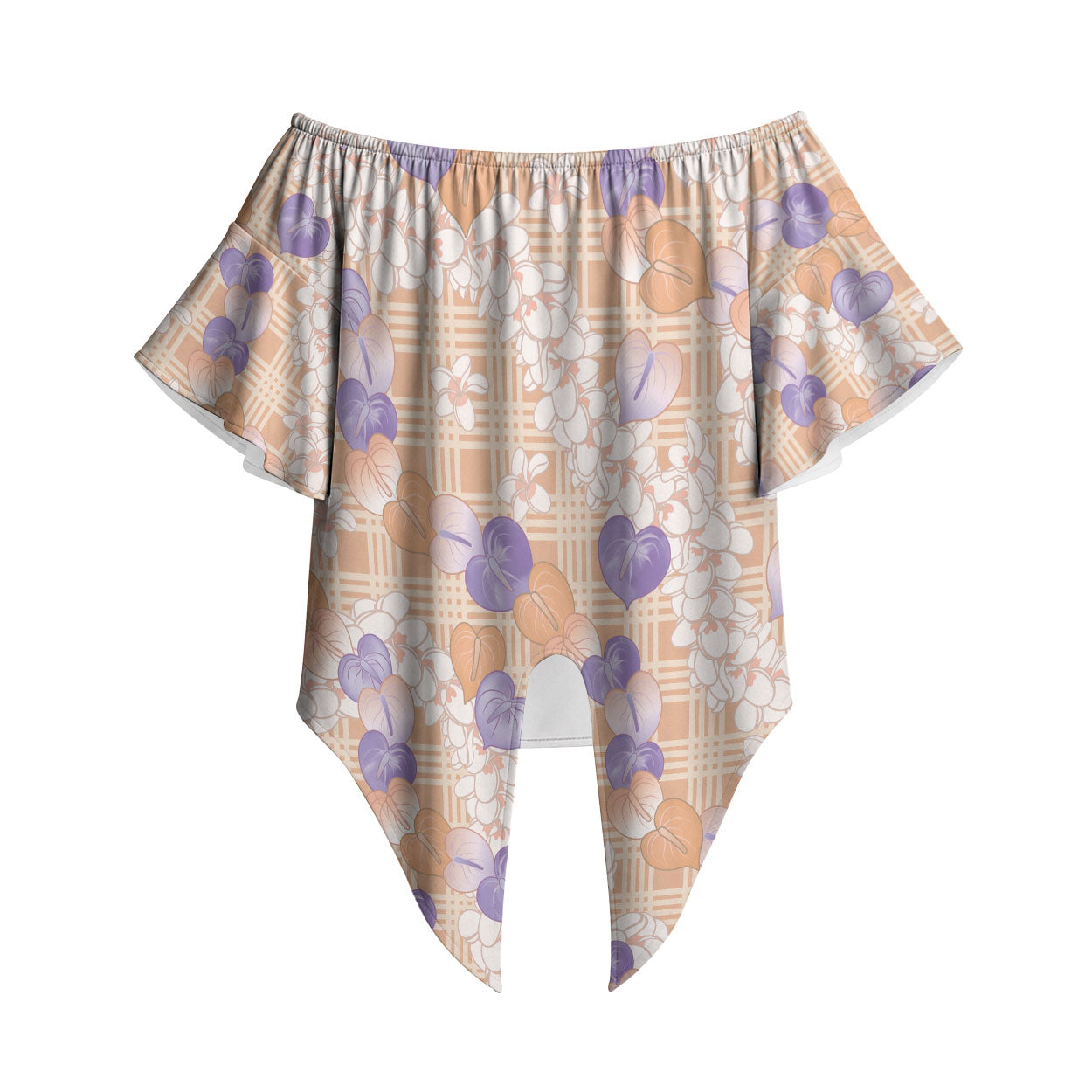 Anthurium Plumeria Lei Pastel Off Shoulder Wrap Waist Top Orange Hawaiian Splendid Palaka LT01 Orange - Polynesian Pride