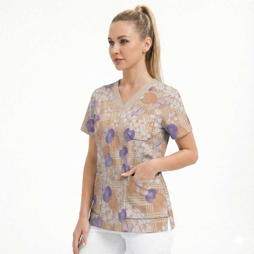 Anthurium Plumeria Lei Pastel Scrub Top Orange Hawaiian Splendid Palaka