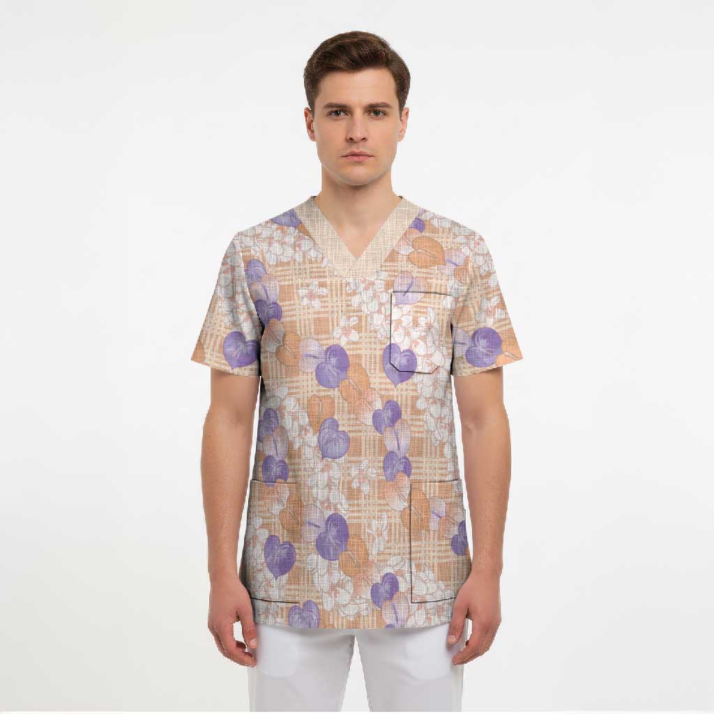 Anthurium Plumeria Lei Pastel Scrub Top Orange Hawaiian Splendid Palaka