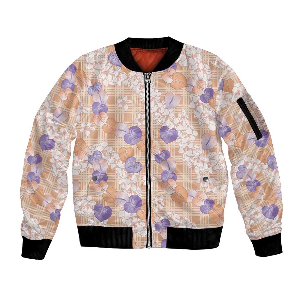 Anthurium Plumeria Lei Pastel Sleeve Zip Bomber Jacket Orange Hawaiian Splendid Palaka