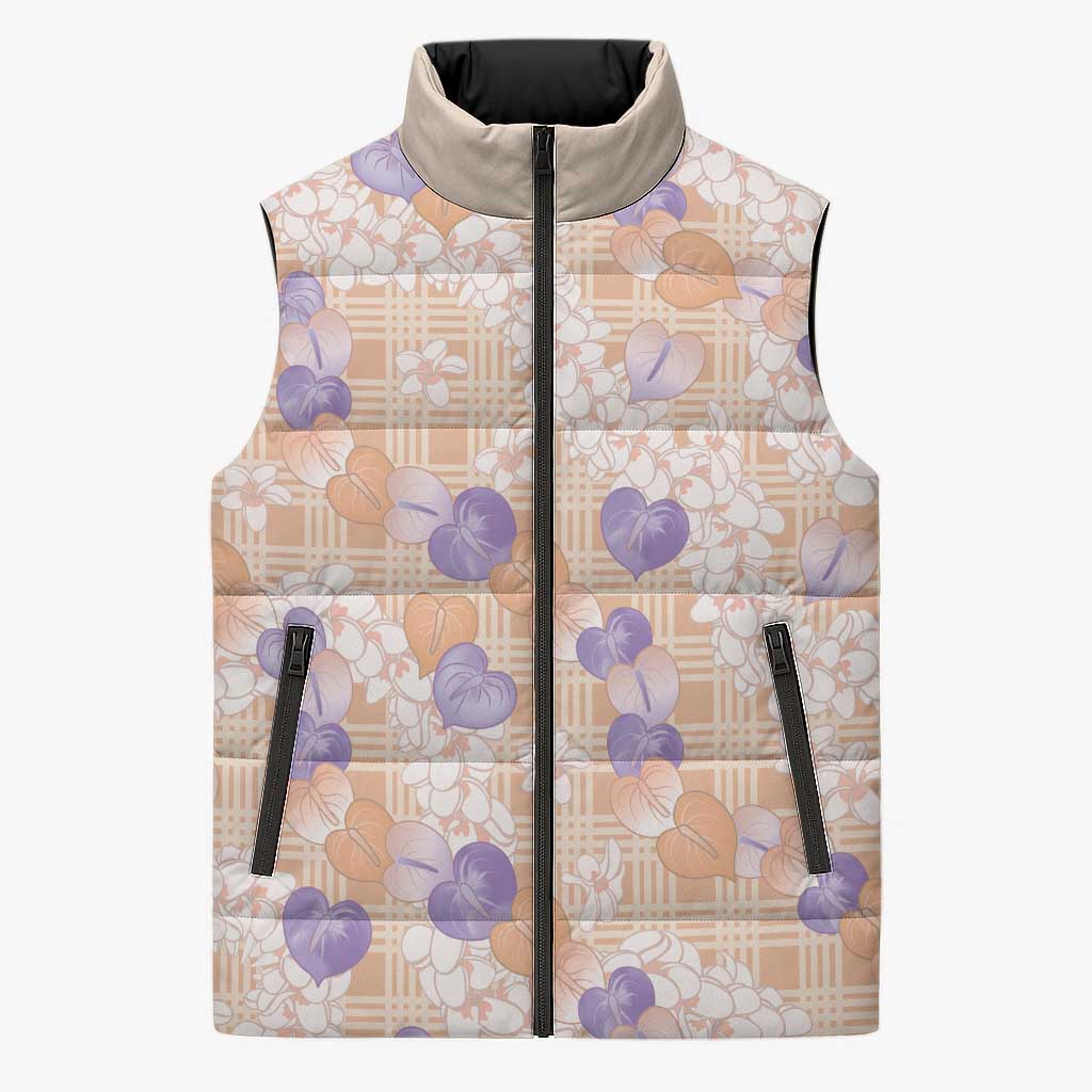 Anthurium Plumeria Lei Pastel Sleeveless Puffer Jacket Orange Hawaiian Splendid Palaka LT01 Unisex Orange - Polynesian Pride
