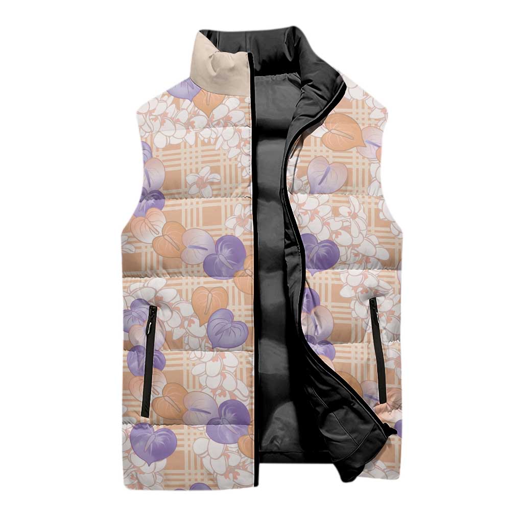 Anthurium Plumeria Lei Pastel Sleeveless Puffer Jacket Orange Hawaiian Splendid Palaka LT01 - Polynesian Pride