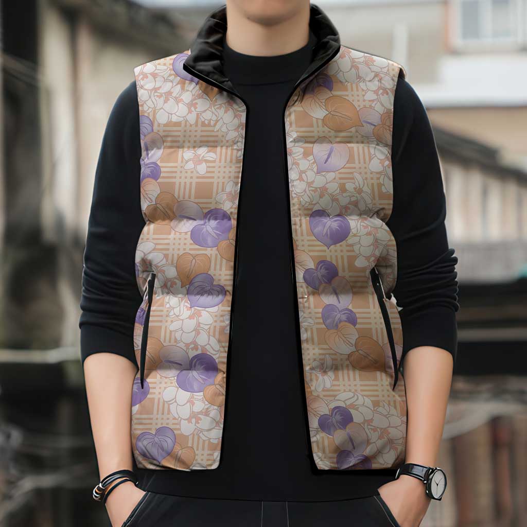 Anthurium Plumeria Lei Pastel Sleeveless Puffer Jacket Orange Hawaiian Splendid Palaka LT01 - Polynesian Pride