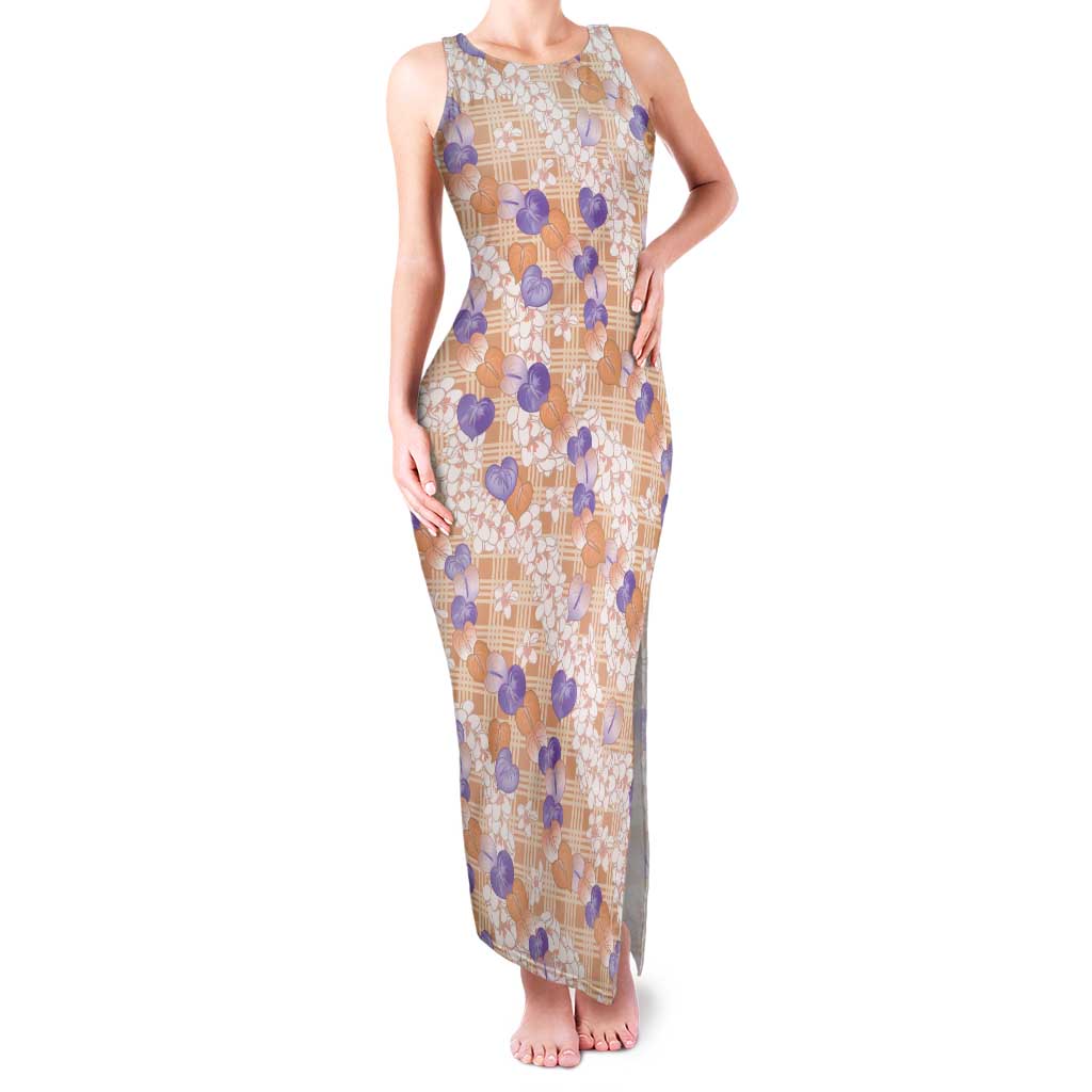 Anthurium Plumeria Lei Pastel Tank Maxi Dress Orange Hawaiian Splendid Palaka LT01 Women Orange - Polynesian Pride