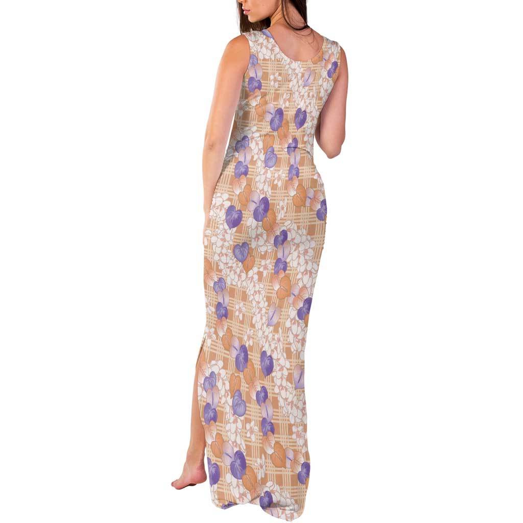 Anthurium Plumeria Lei Pastel Tank Maxi Dress Orange Hawaiian Splendid Palaka LT01 - Polynesian Pride