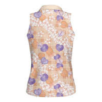 Anthurium Plumeria Lei Pastel Women Sleeveless Polo Shirt Orange Hawaiian Splendid Palaka LT01 - Polynesian Pride