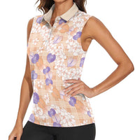 Anthurium Plumeria Lei Pastel Women Sleeveless Polo Shirt Orange Hawaiian Splendid Palaka LT01 - Polynesian Pride