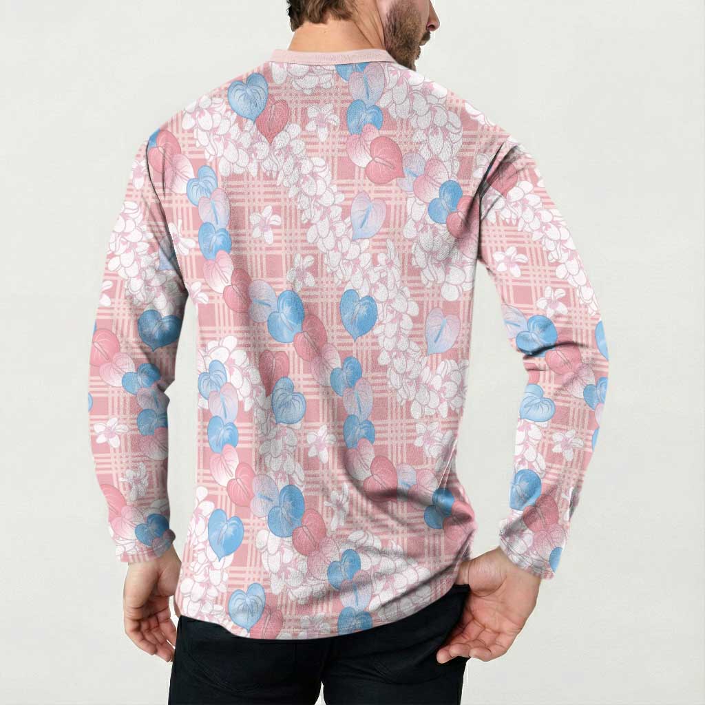 Anthurium Plumeria Lei Pastel Button Sweatshirt Pink Hawaiian Splendid Palaka