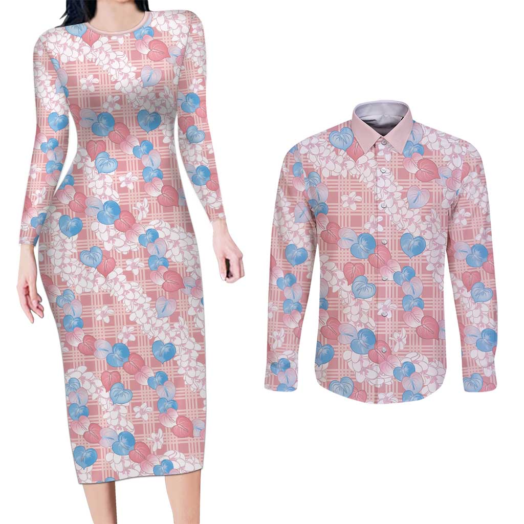 Anthurium Plumeria Lei Pastel Couples Matching Long Sleeve Bodycon Dress and Long Sleeve Button Shirt Pink Hawaiian Splendid Palaka LT01 Pink - Polynesian Pride