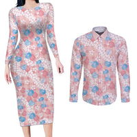 Anthurium Plumeria Lei Pastel Couples Matching Long Sleeve Bodycon Dress and Long Sleeve Button Shirt Pink Hawaiian Splendid Palaka LT01 Pink - Polynesian Pride