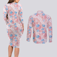Anthurium Plumeria Lei Pastel Couples Matching Long Sleeve Bodycon Dress and Long Sleeve Button Shirt Pink Hawaiian Splendid Palaka LT01 - Polynesian Pride