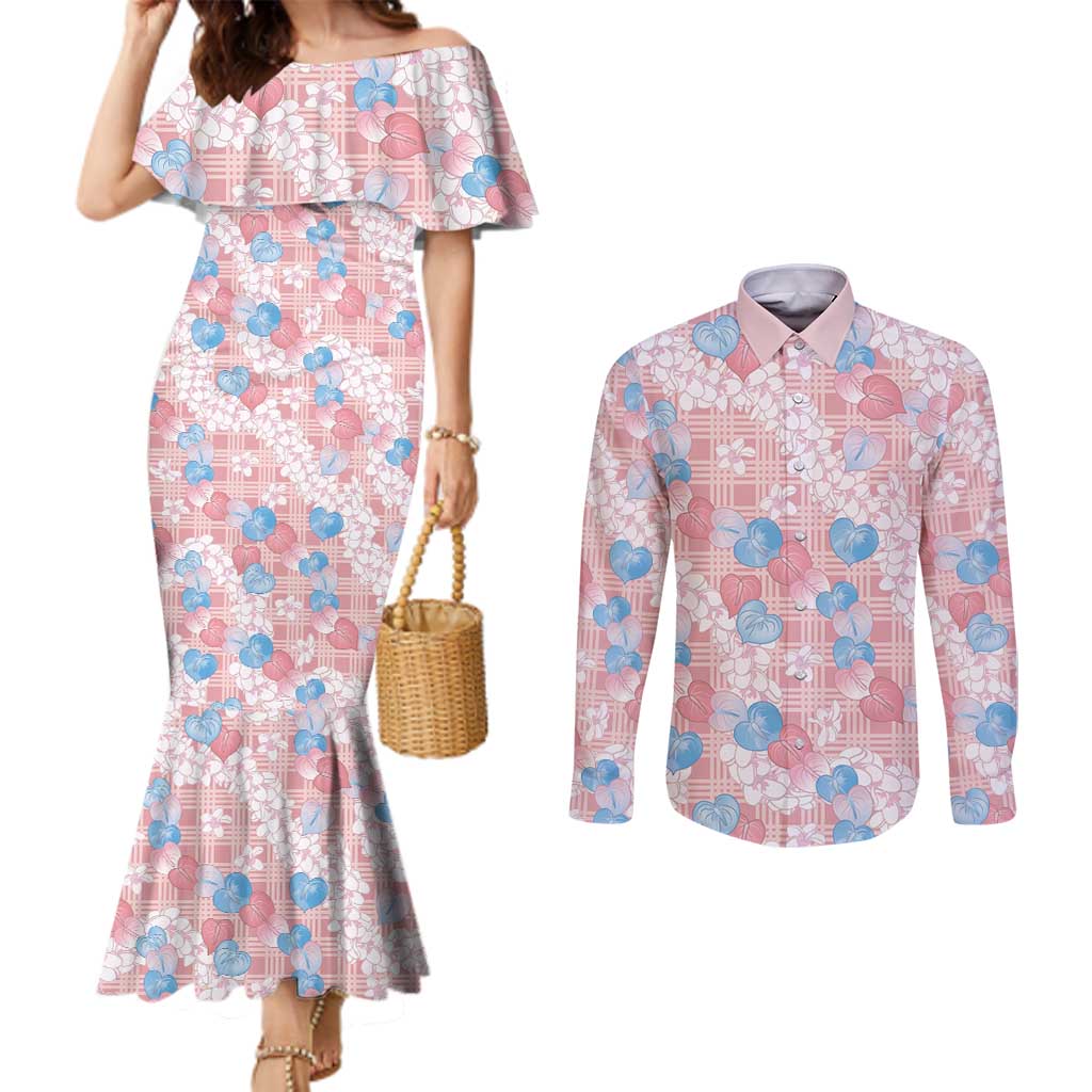 Anthurium Plumeria Lei Pastel Couples Matching Mermaid Dress and Long Sleeve Button Shirt Pink Hawaiian Splendid Palaka LT01 Pink - Polynesian Pride