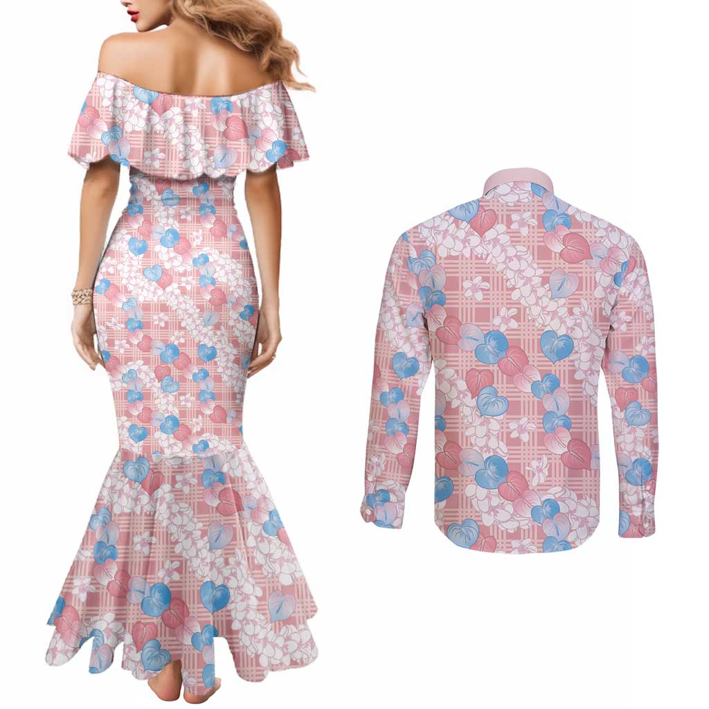 Anthurium Plumeria Lei Pastel Couples Matching Mermaid Dress and Long Sleeve Button Shirt Pink Hawaiian Splendid Palaka LT01 - Polynesian Pride