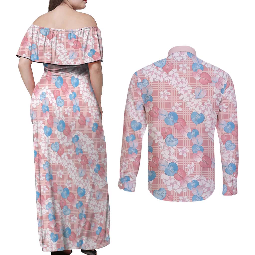 Anthurium Plumeria Lei Pastel Couples Matching Off Shoulder Maxi Dress and Long Sleeve Button Shirt Pink Hawaiian Splendid Palaka LT01 - Polynesian Pride