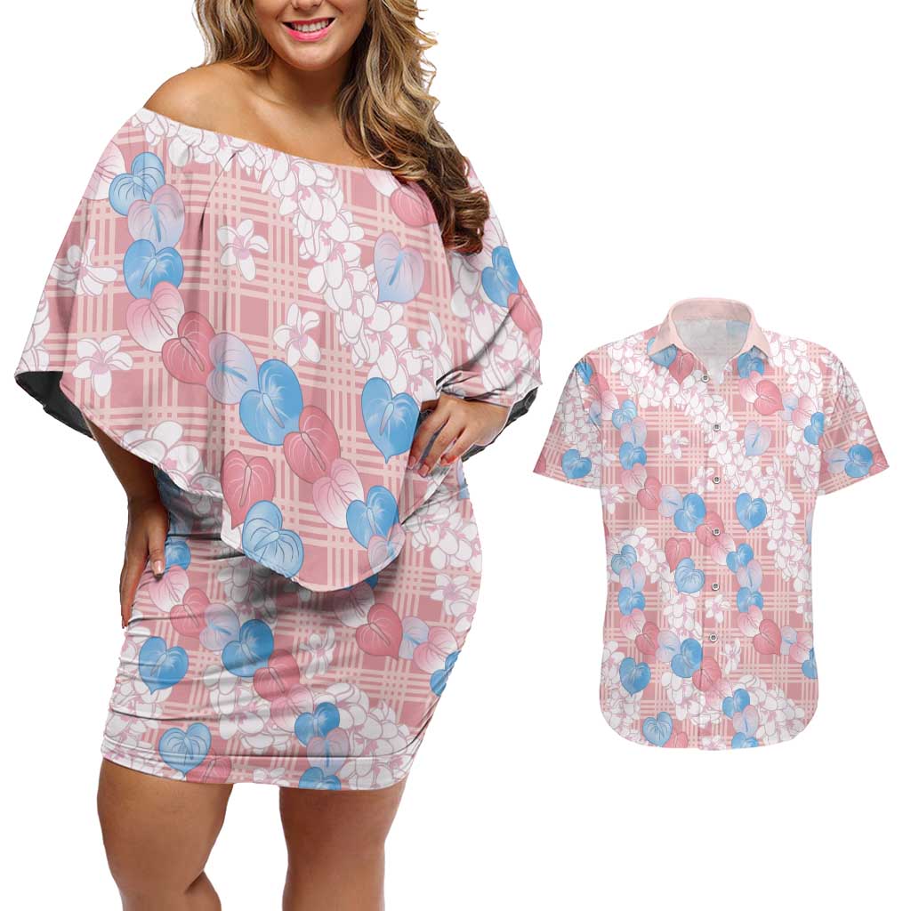 Anthurium Plumeria Lei Pastel Couples Matching Off Shoulder Short Dress and Hawaiian Shirt Pink Hawaiian Splendid Palaka LT01 Pink - Polynesian Pride