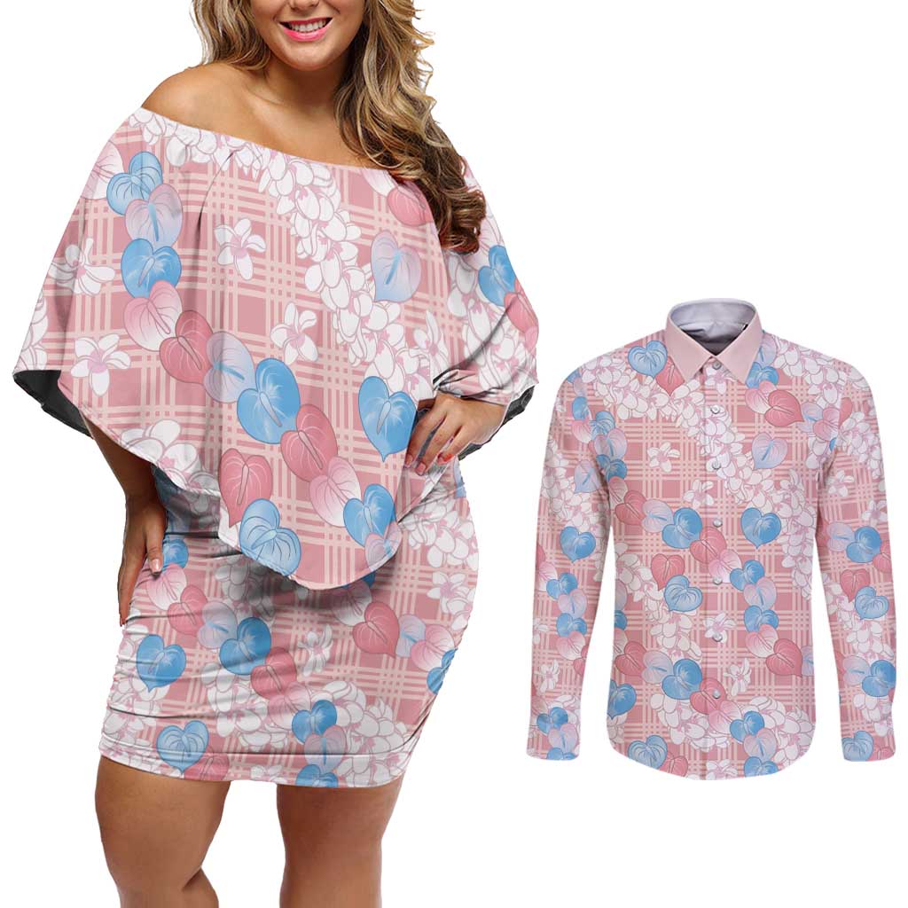 Anthurium Plumeria Lei Pastel Couples Matching Off Shoulder Short Dress and Long Sleeve Button Shirt Pink Hawaiian Splendid Palaka LT01 Pink - Polynesian Pride