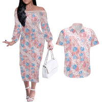 Anthurium Plumeria Lei Pastel Couples Matching Off The Shoulder Long Sleeve Dress and Hawaiian Shirt Pink Hawaiian Splendid Palaka LT01 Pink - Polynesian Pride