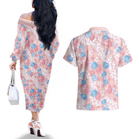 Anthurium Plumeria Lei Pastel Couples Matching Off The Shoulder Long Sleeve Dress and Hawaiian Shirt Pink Hawaiian Splendid Palaka LT01 - Polynesian Pride