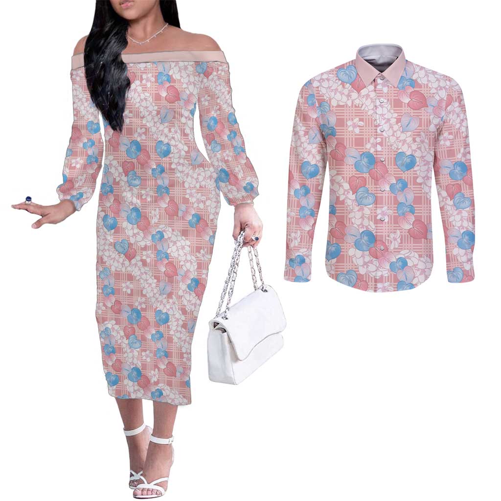 Anthurium Plumeria Lei Pastel Couples Matching Off The Shoulder Long Sleeve Dress and Long Sleeve Button Shirt Pink Hawaiian Splendid Palaka LT01 Pink - Polynesian Pride