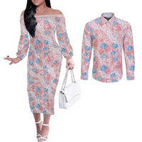 Anthurium Plumeria Lei Pastel Couples Matching Off The Shoulder Long Sleeve Dress and Long Sleeve Button Shirt Pink Hawaiian Splendid Palaka LT01 Pink - Polynesian Pride
