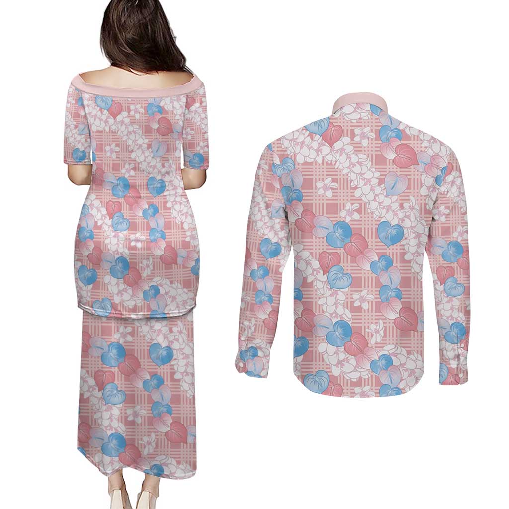Anthurium Plumeria Lei Pastel Couples Matching Puletasi and Long Sleeve Button Shirt Pink Hawaiian Splendid Palaka
