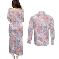Anthurium Plumeria Lei Pastel Couples Matching Puletasi and Long Sleeve Button Shirt Pink Hawaiian Splendid Palaka