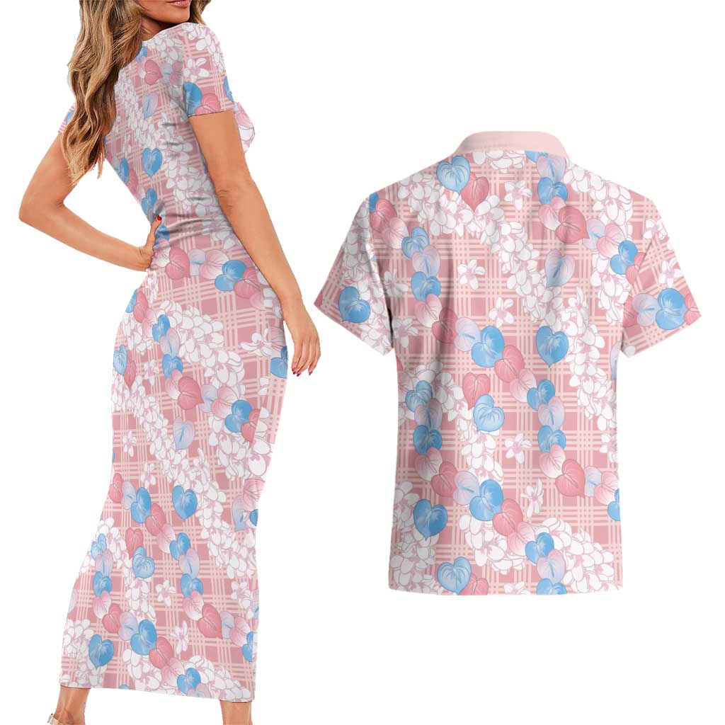 Anthurium Plumeria Lei Pastel Couples Matching Short Sleeve Bodycon Dress and Hawaiian Shirt Pink Hawaiian Splendid Palaka LT01 - Polynesian Pride