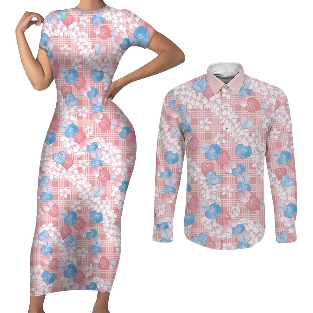 Anthurium Plumeria Lei Pastel Couples Matching Short Sleeve Bodycon Dress and Long Sleeve Button Shirt Pink Hawaiian Splendid Palaka LT01 Pink - Polynesian Pride