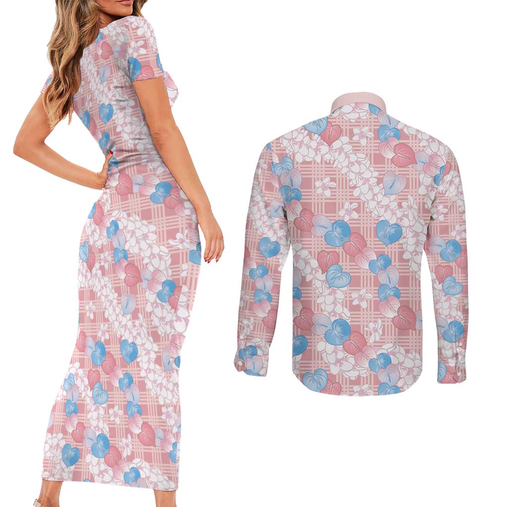 Anthurium Plumeria Lei Pastel Couples Matching Short Sleeve Bodycon Dress and Long Sleeve Button Shirt Pink Hawaiian Splendid Palaka LT01 - Polynesian Pride
