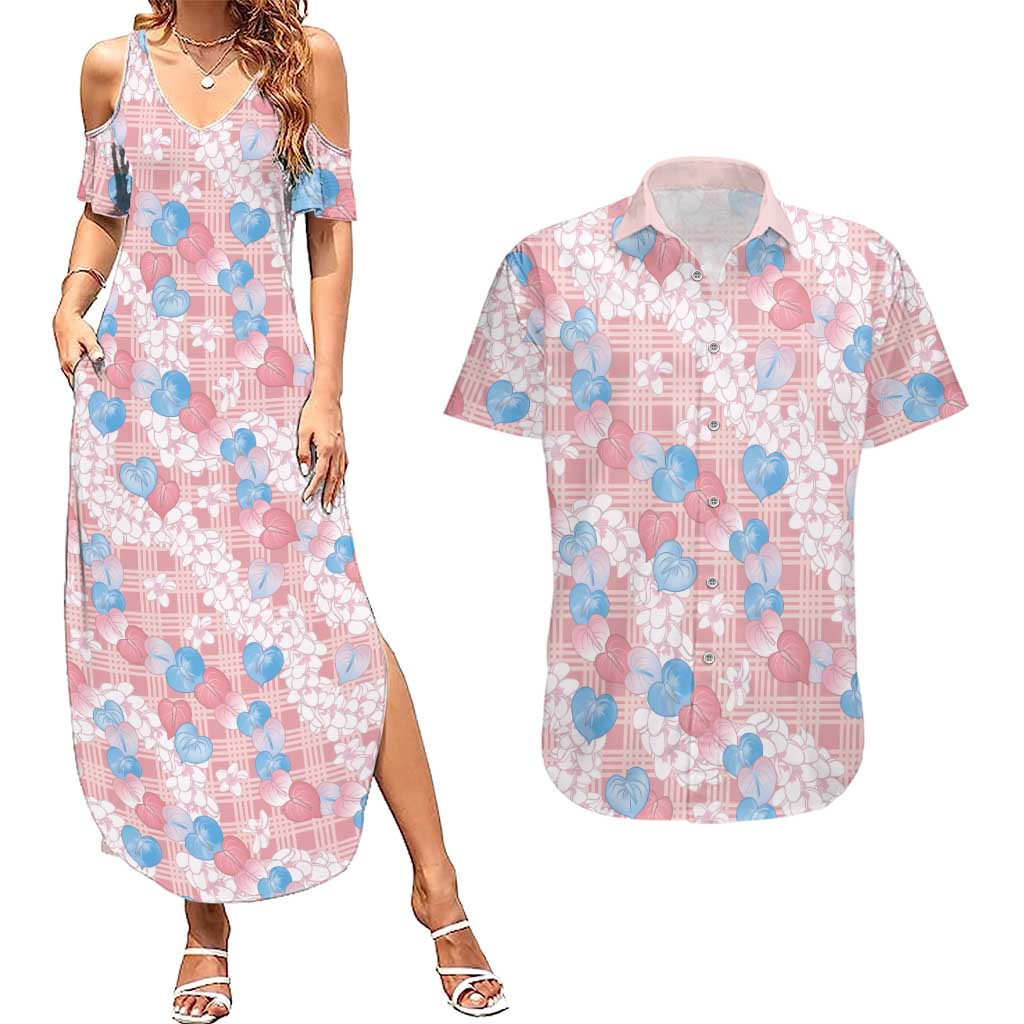 Anthurium Plumeria Lei Pastel Couples Matching Summer Maxi Dress and Hawaiian Shirt Pink Hawaiian Splendid Palaka LT01 Pink - Polynesian Pride