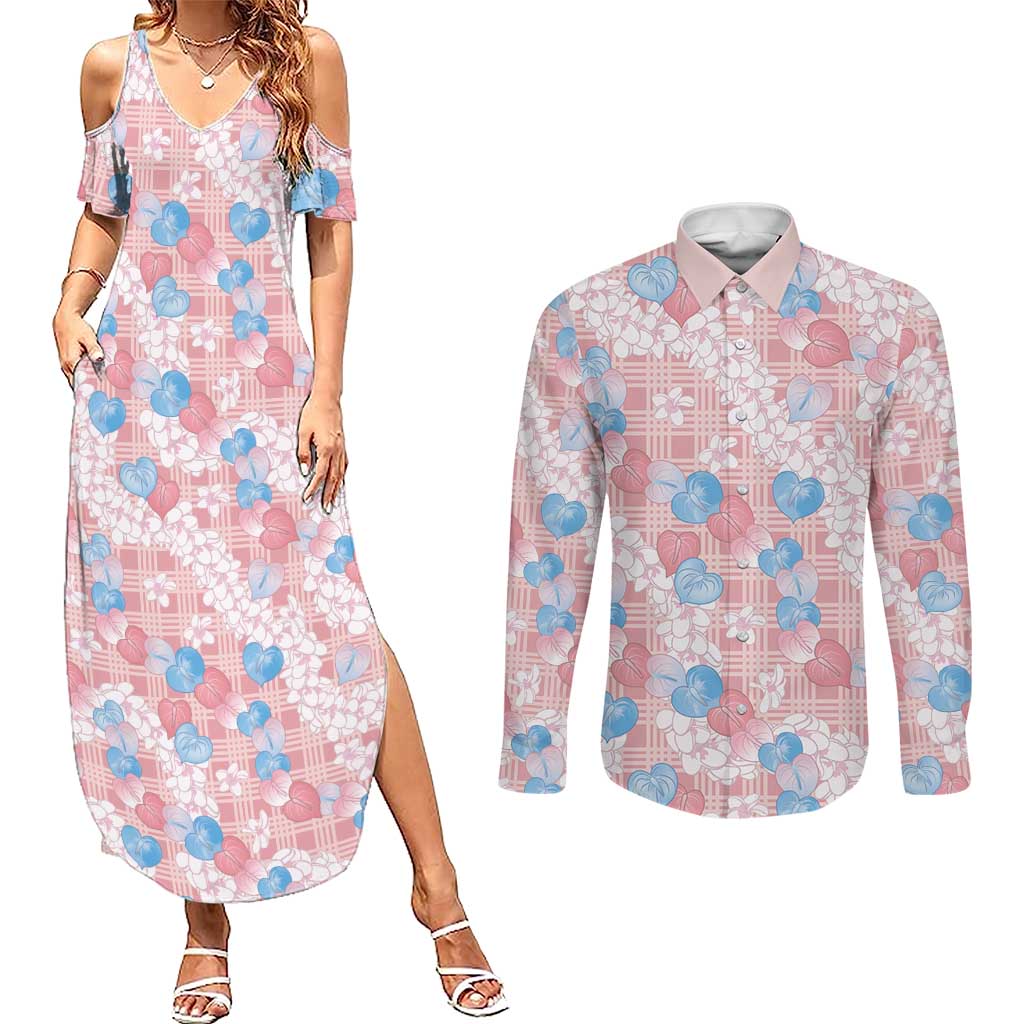 Anthurium Plumeria Lei Pastel Couples Matching Summer Maxi Dress and Long Sleeve Button Shirt Pink Hawaiian Splendid Palaka LT01 Pink - Polynesian Pride