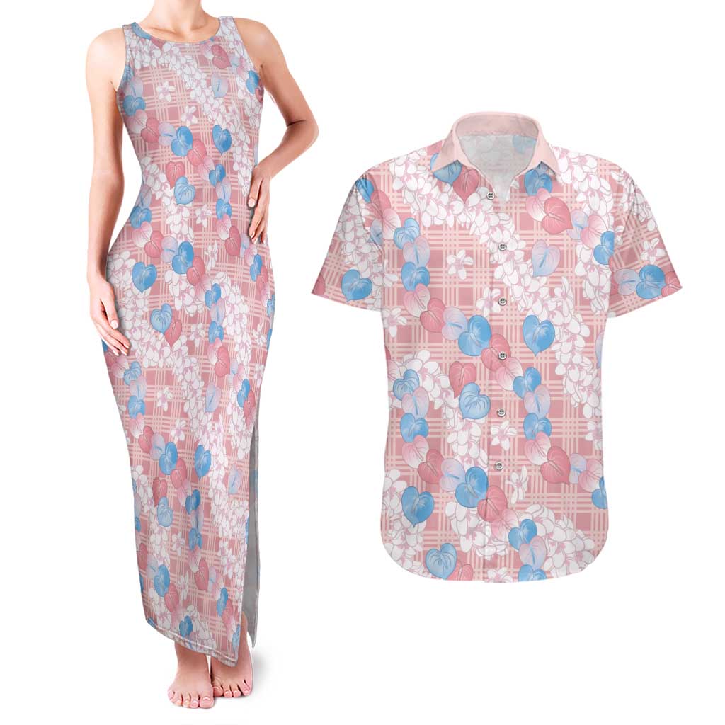 Anthurium Plumeria Lei Pastel Couples Matching Tank Maxi Dress and Hawaiian Shirt Pink Hawaiian Splendid Palaka LT01 Pink - Polynesian Pride