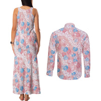 Anthurium Plumeria Lei Pastel Couples Matching Tank Maxi Dress and Long Sleeve Button Shirt Pink Hawaiian Splendid Palaka LT01 - Polynesian Pride