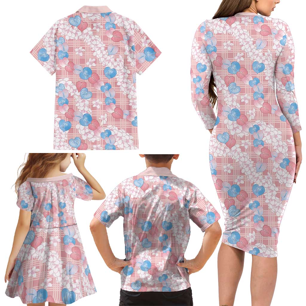 Anthurium Plumeria Lei Pastel Family Matching Long Sleeve Bodycon Dress and Hawaiian Shirt Pink Hawaiian Splendid Palaka LT01 - Polynesian Pride