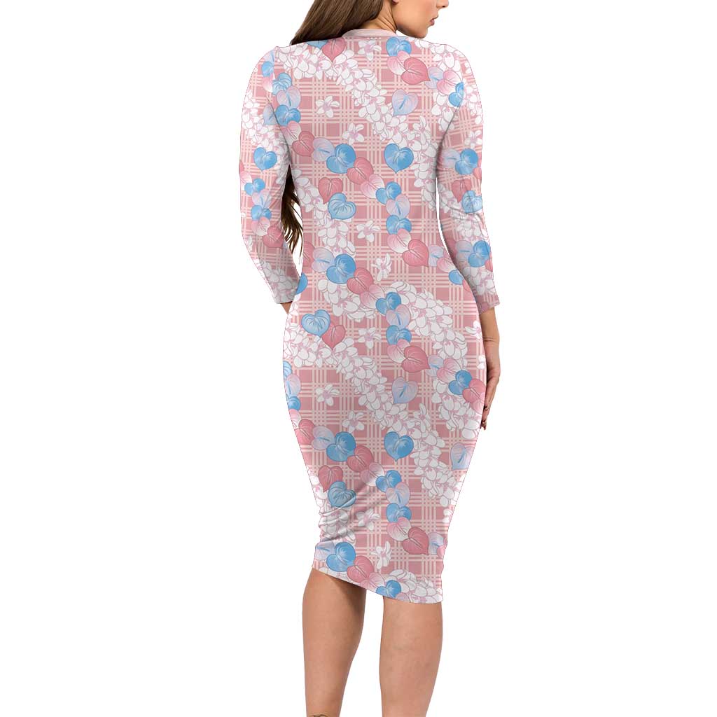 Anthurium Plumeria Lei Pastel Family Matching Long Sleeve Bodycon Dress and Hawaiian Shirt Pink Hawaiian Splendid Palaka LT01 - Polynesian Pride