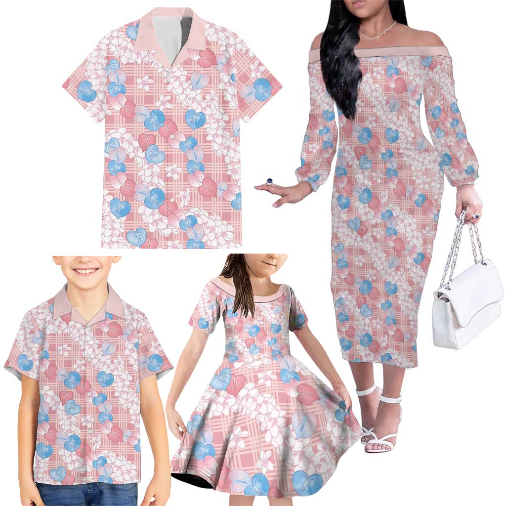 Anthurium Plumeria Lei Pastel Family Matching Off The Shoulder Long Sleeve Dress and Hawaiian Shirt Pink Hawaiian Splendid Palaka LT01 - Polynesian Pride