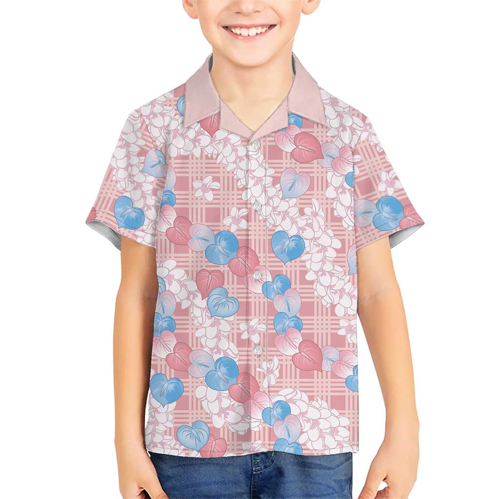 Anthurium Plumeria Lei Pastel Family Matching Off Shoulder Maxi Dress and Hawaiian Shirt Pink Hawaiian Splendid Palaka LT01 Son's Shirt Pink - Polynesian Pride